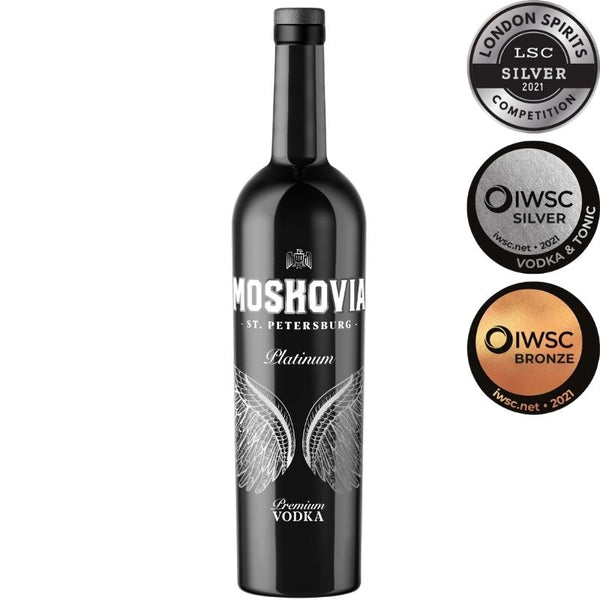 Moskovia Platinum Vodka 750ml bottle, award-winning premium vodka with a stunning design, perfect for sipping or crafting elegant cocktails.